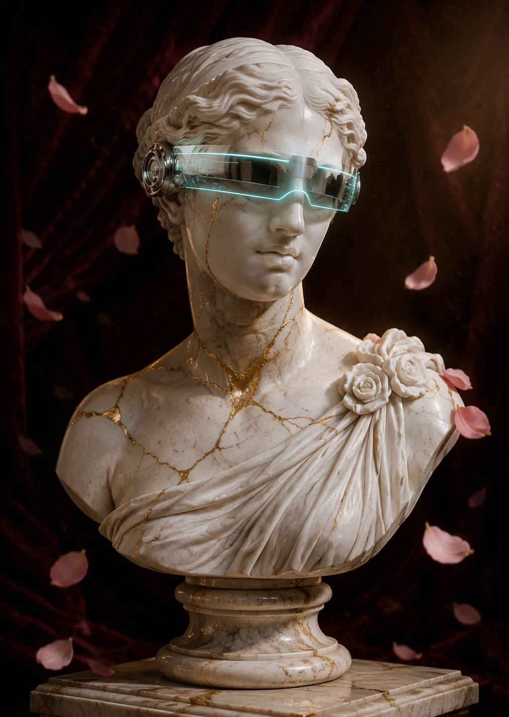 Bust renascentist de marmură cu fisuri aurii kintsugi și vizor futurist holografic, petale plutind în jur