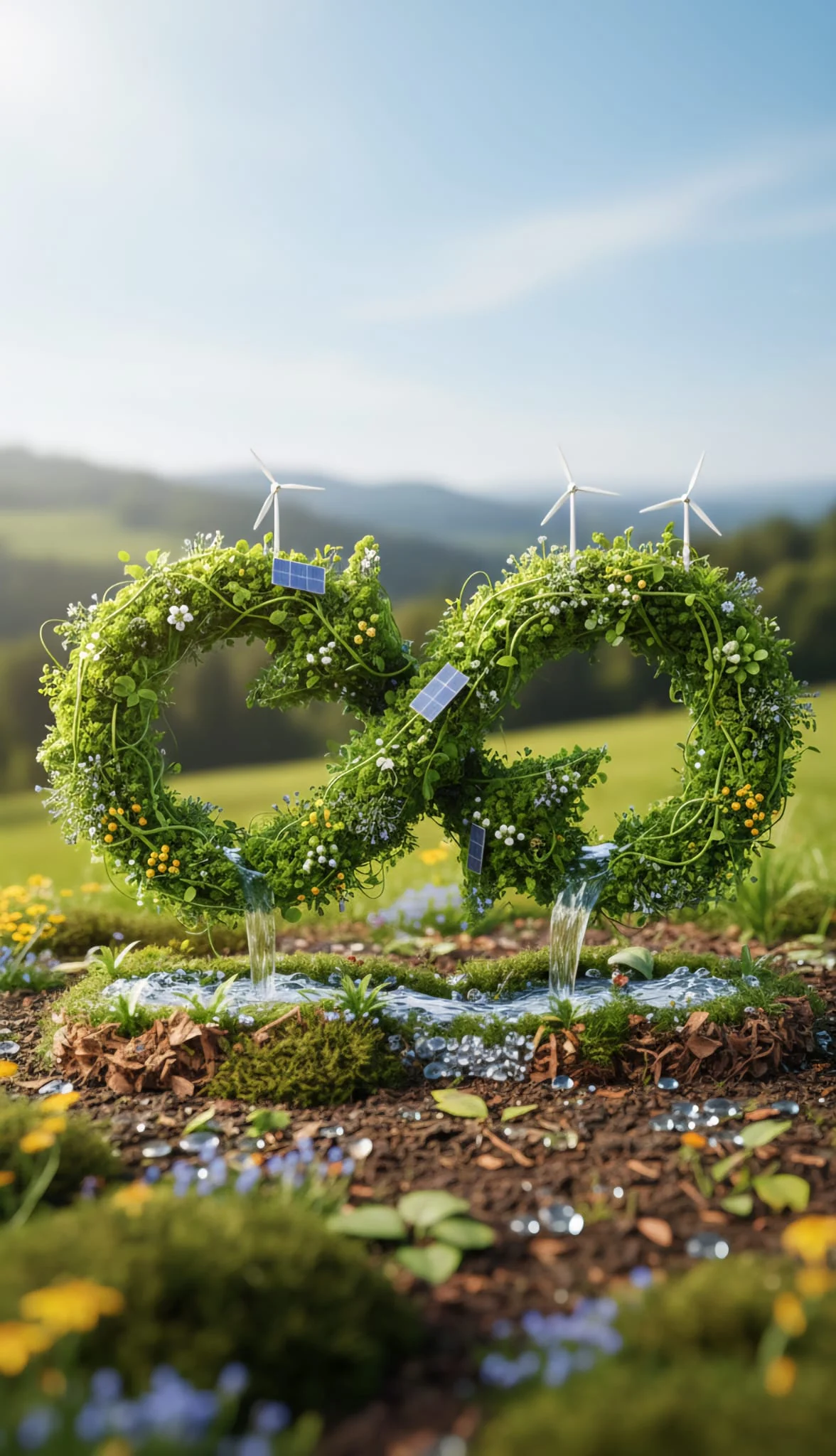 Concept vizual de sustenabilitate cu două inimi vegetale, energie solară, turbine eoliene și circuit al apei.