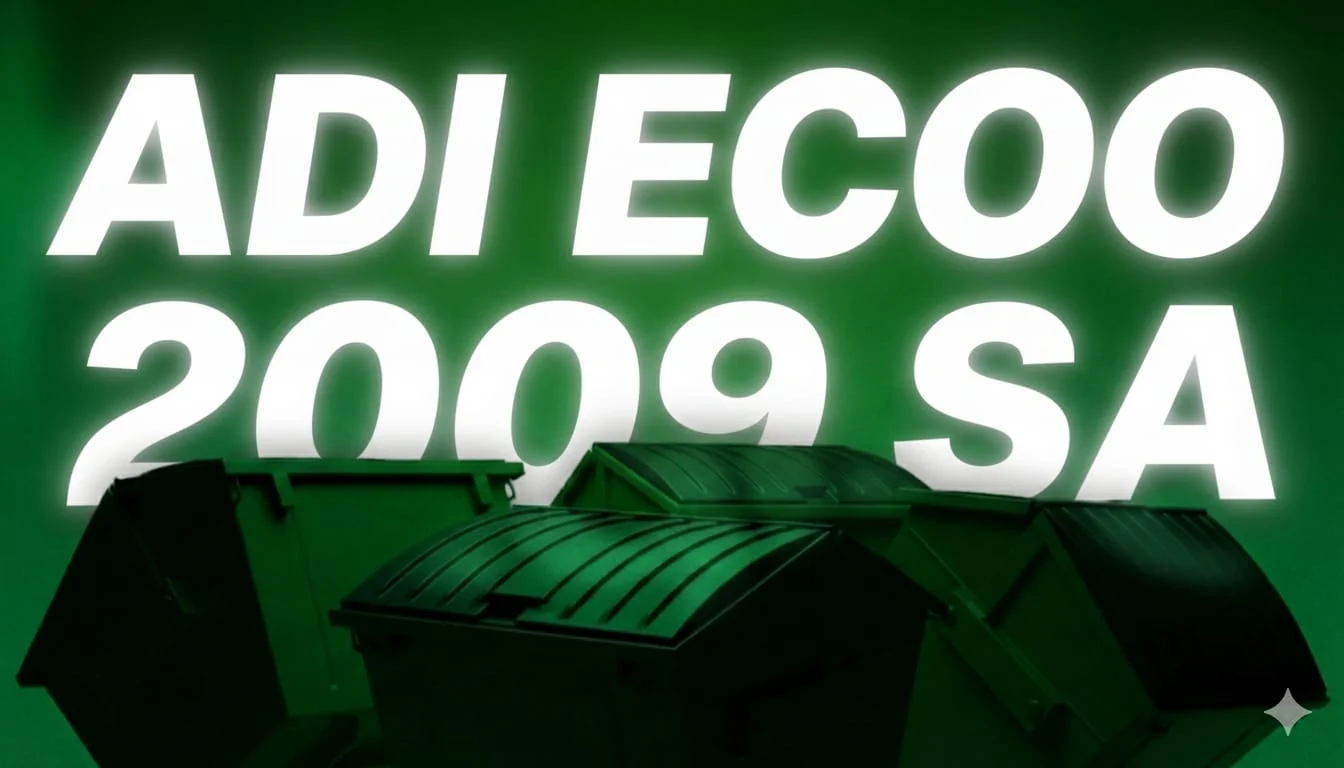 Instalație de brand ADI ECOO 2009 SA cu litere luminoase și containere de colectare pe fundal verde.