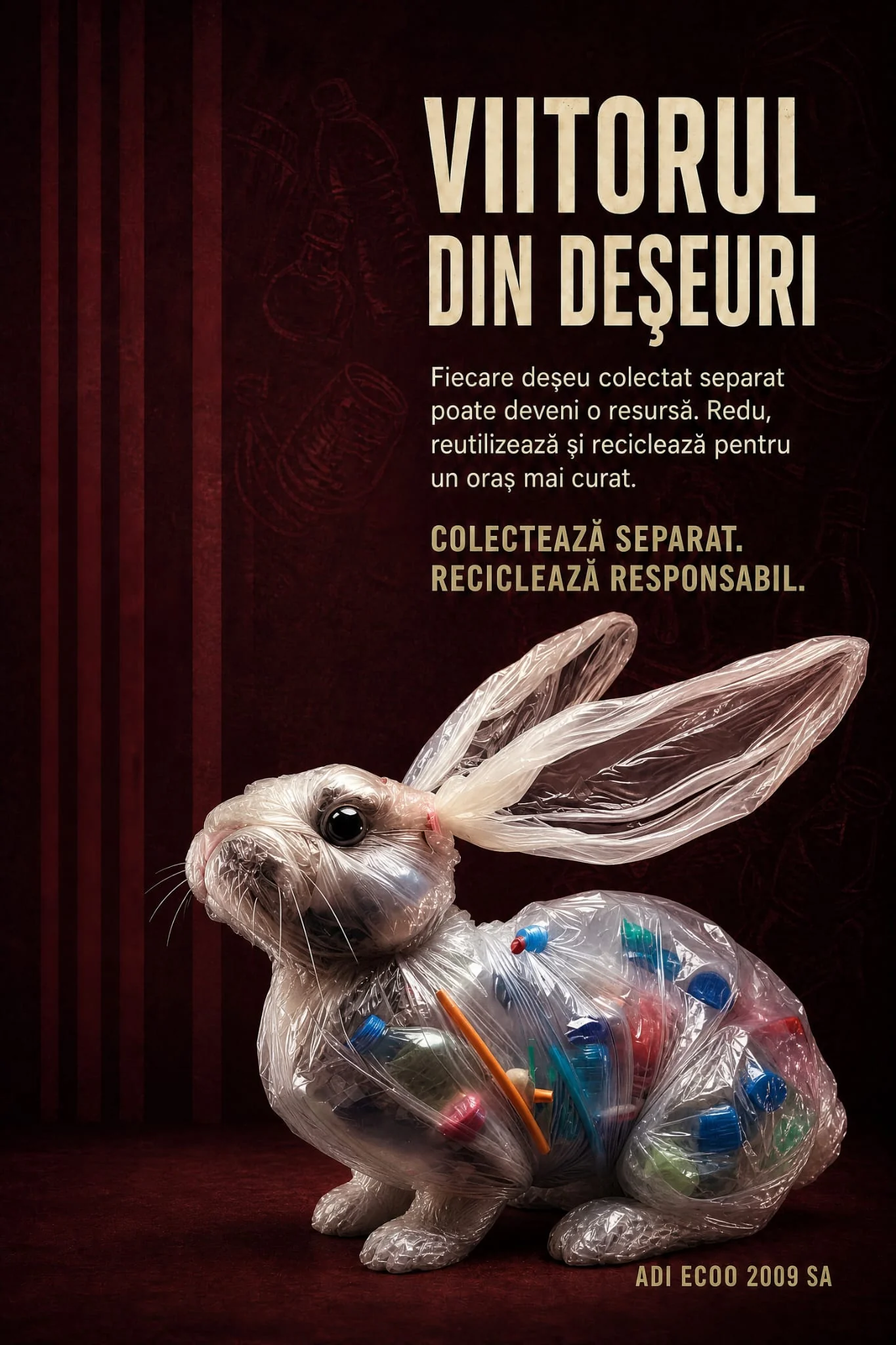 Posterul Viitorul din deșeuri, cu un iepure construit din plastic reciclat pe fundal burgundy.