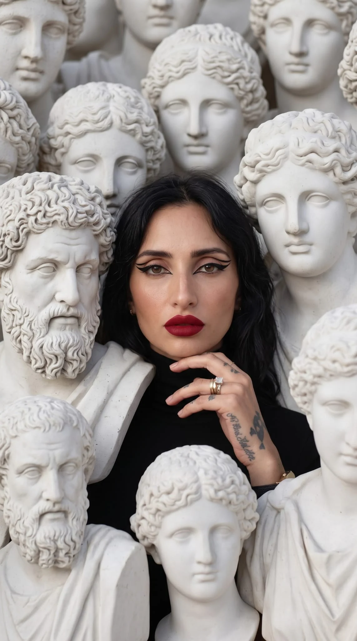 Portret Aura cu buze roșii încadrat de busturi clasice din marmură albă.