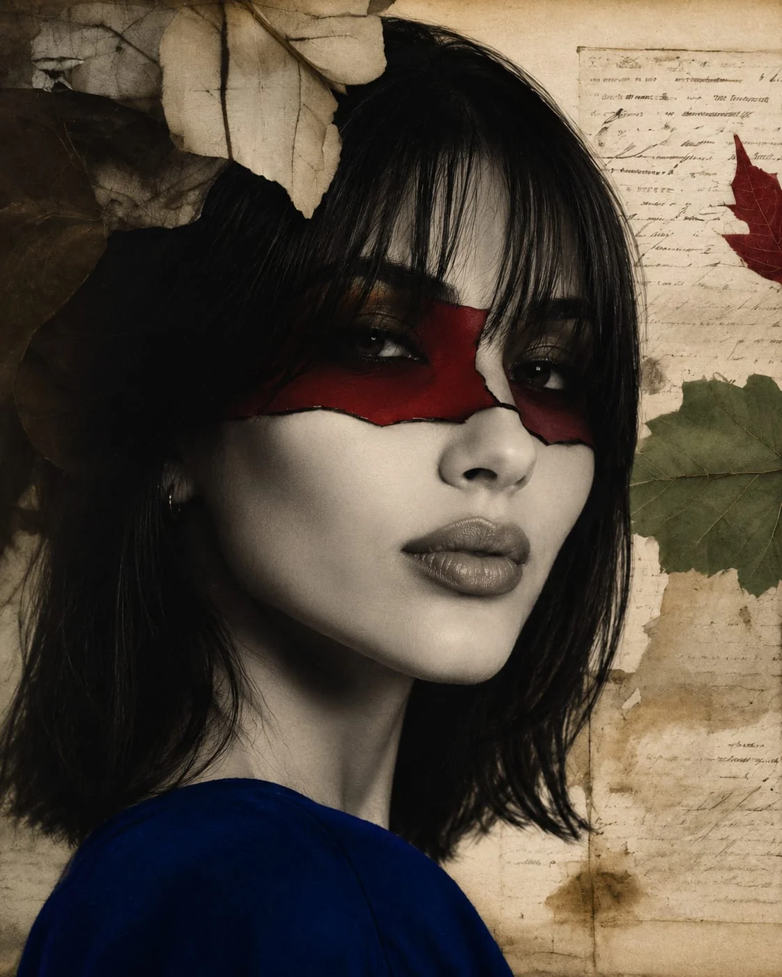 Portret editorial Aura în colaj vintage cu frunze presate, mască roșie și accent vestimentar albastru royal.