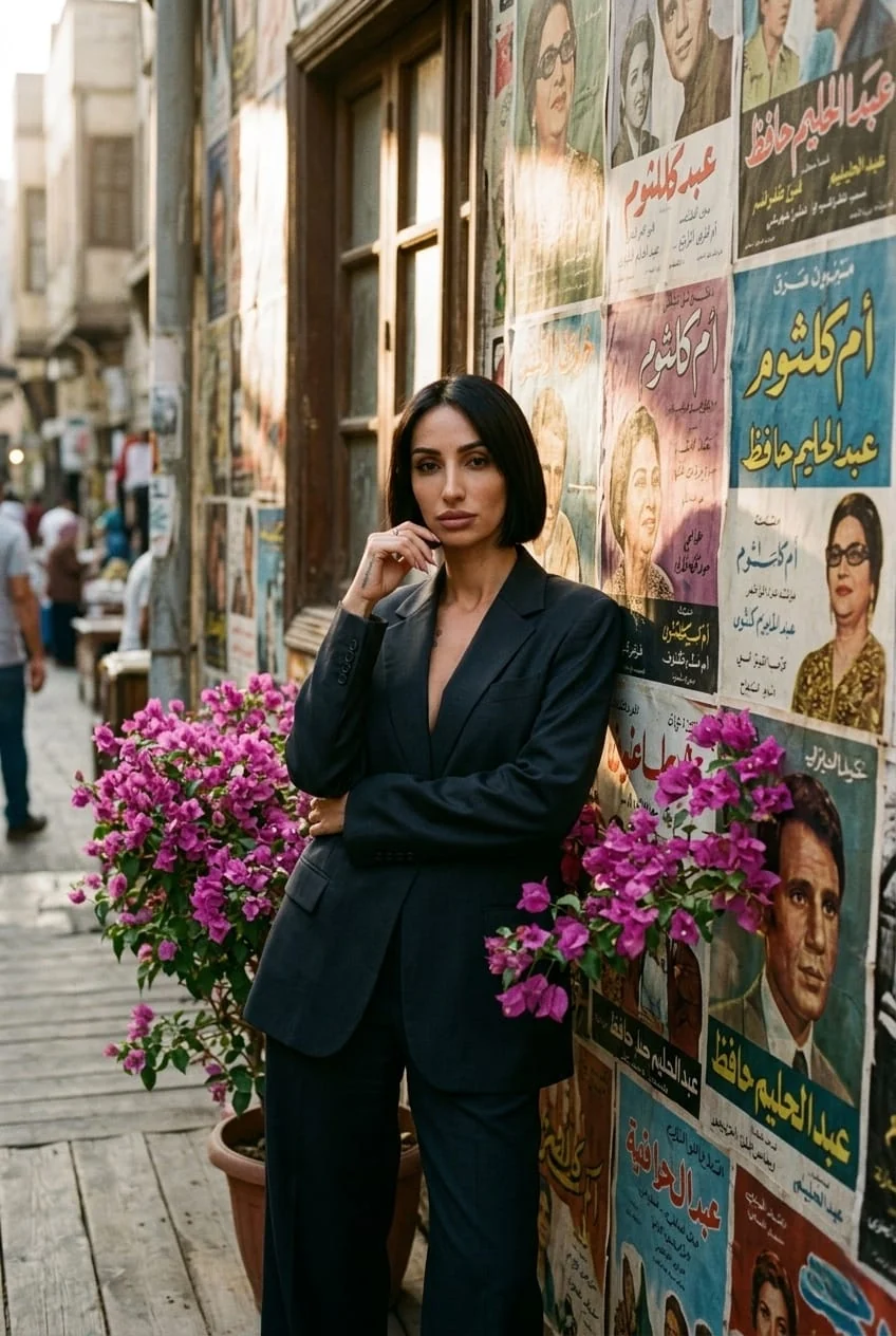 Aura în costum negru lângă afișe arabe vintage și flori de bougainvillea, într-o scenă urbană editorială.