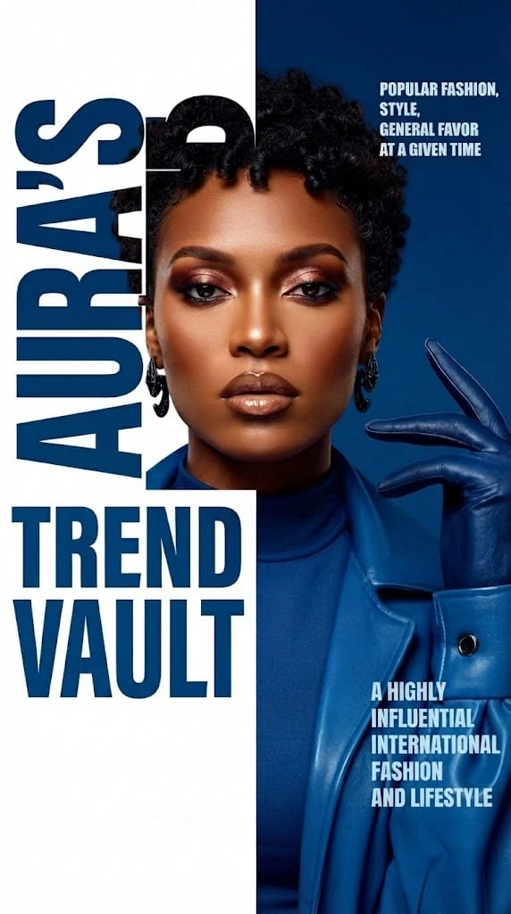 Copertă Aura’s Trend Vault cu model în ținută și mănuși albastru cobalt, tratată ca un layout de revistă.