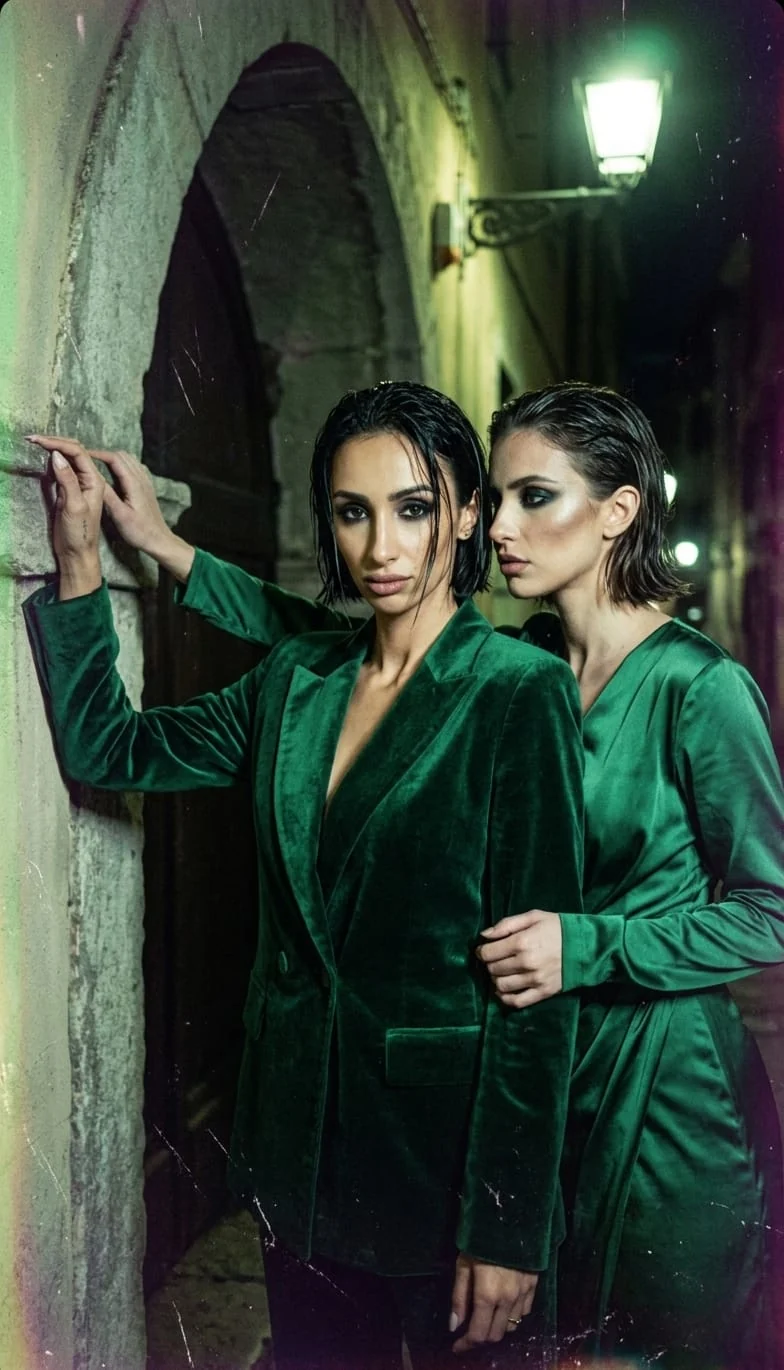 Două femei în costume verde smarald într-o arcadă nocturnă, cu atmosferă fashion cinematică.