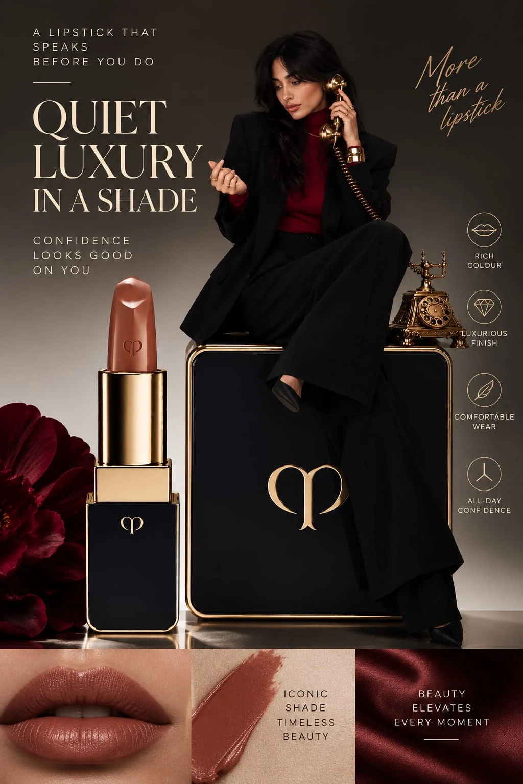 Layout publicitar Quiet Luxury in a Shade, cu Aura, ruj burgundy, accente aurii și detalii de produs.
