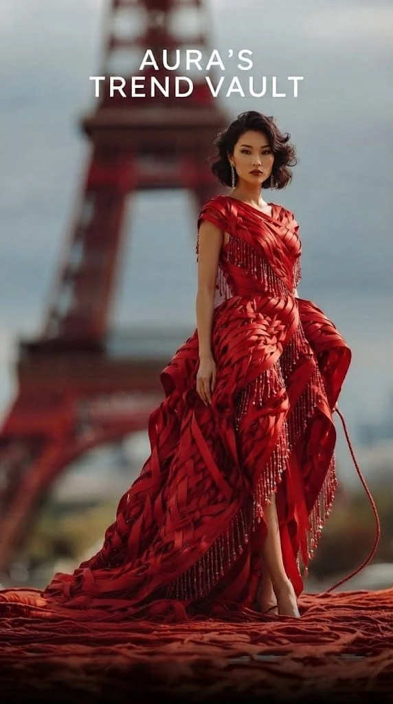 Campanie Aura’s Trend Vault cu rochie couture roșie și Turnul Eiffel în fundal.