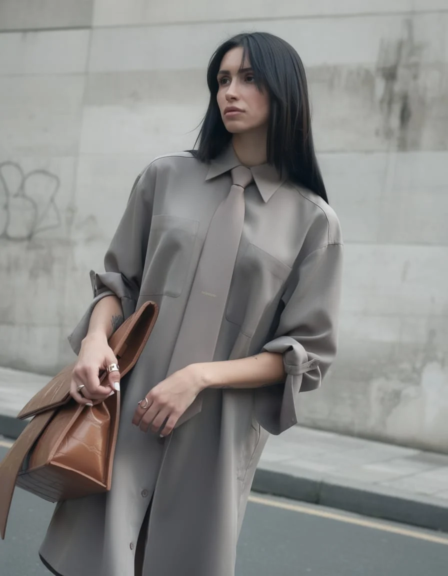 Editorial de modă cu cămașă și cravată taupe oversized, completat de o geantă maro sculpturală.