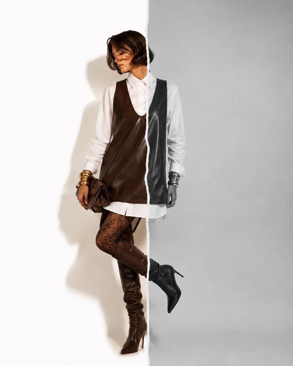 Editorial fashion color și alb-negru separat prin hârtie ruptă, cu rochie maro din piele și cizme înalte.