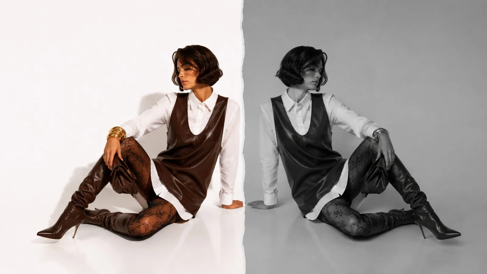 Diptic editorial color și alb-negru cu model așezat în rochie din piele, cămașă albă și cizme înalte.