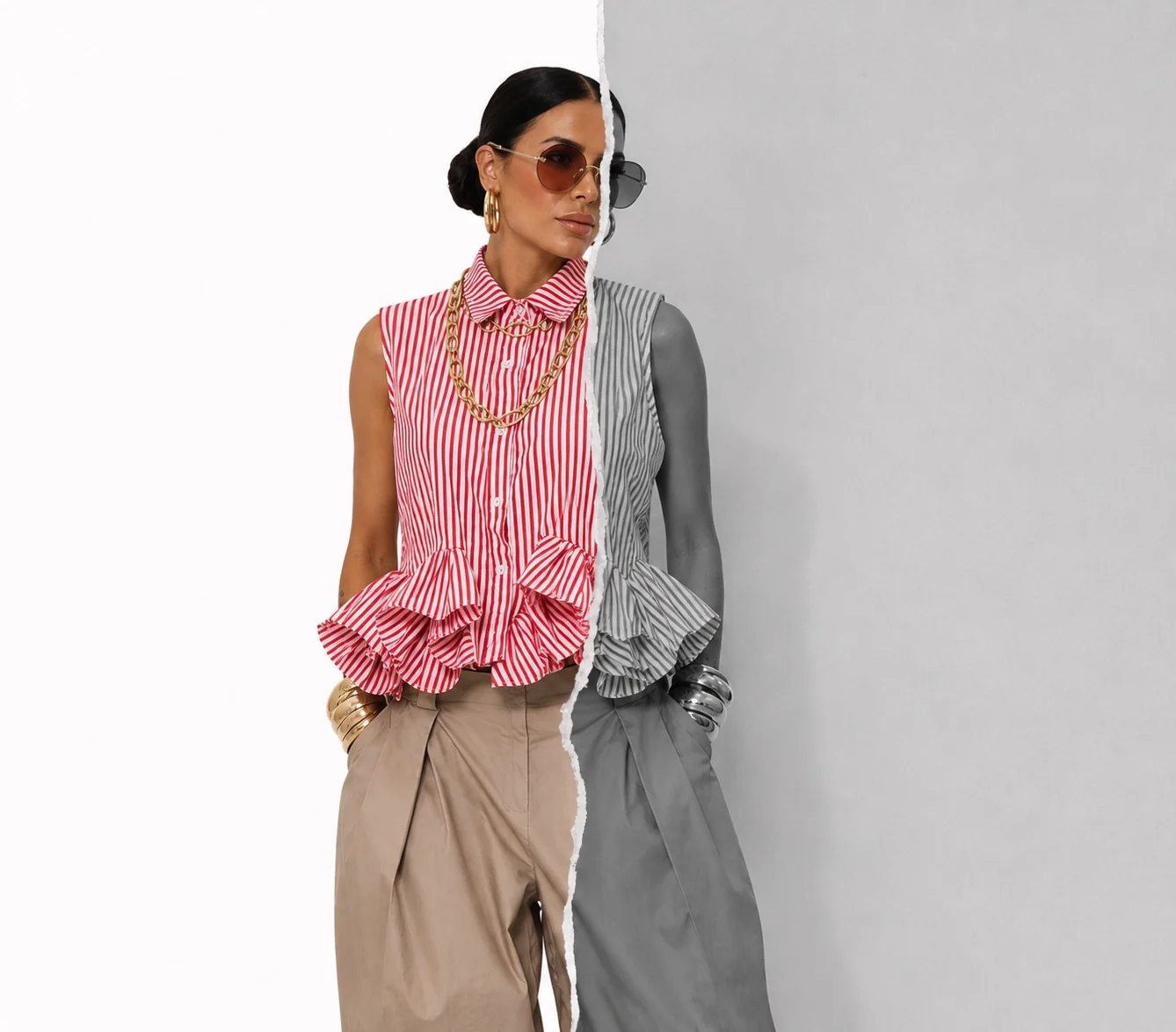 Editorial color și alb-negru cu top peplum în dungi roșii și ochelari de soare, separat prin hârtie ruptă.