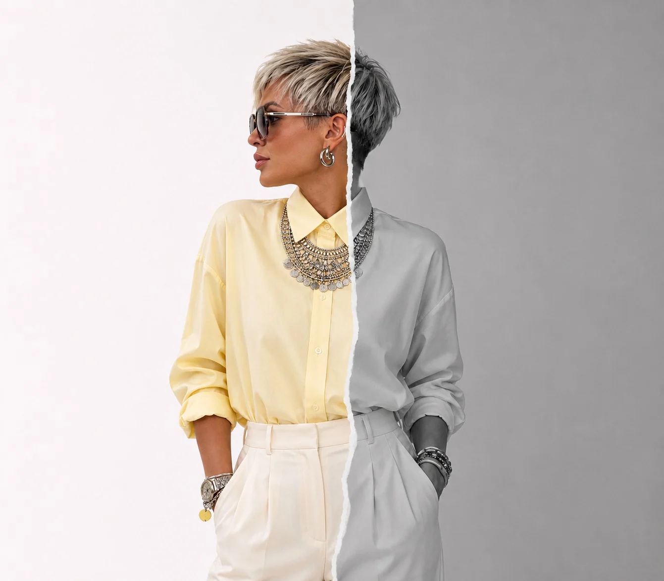 Editorial fashion color și alb-negru cu cămașă galben pal, colier statement și tunsoare scurtă blondă.