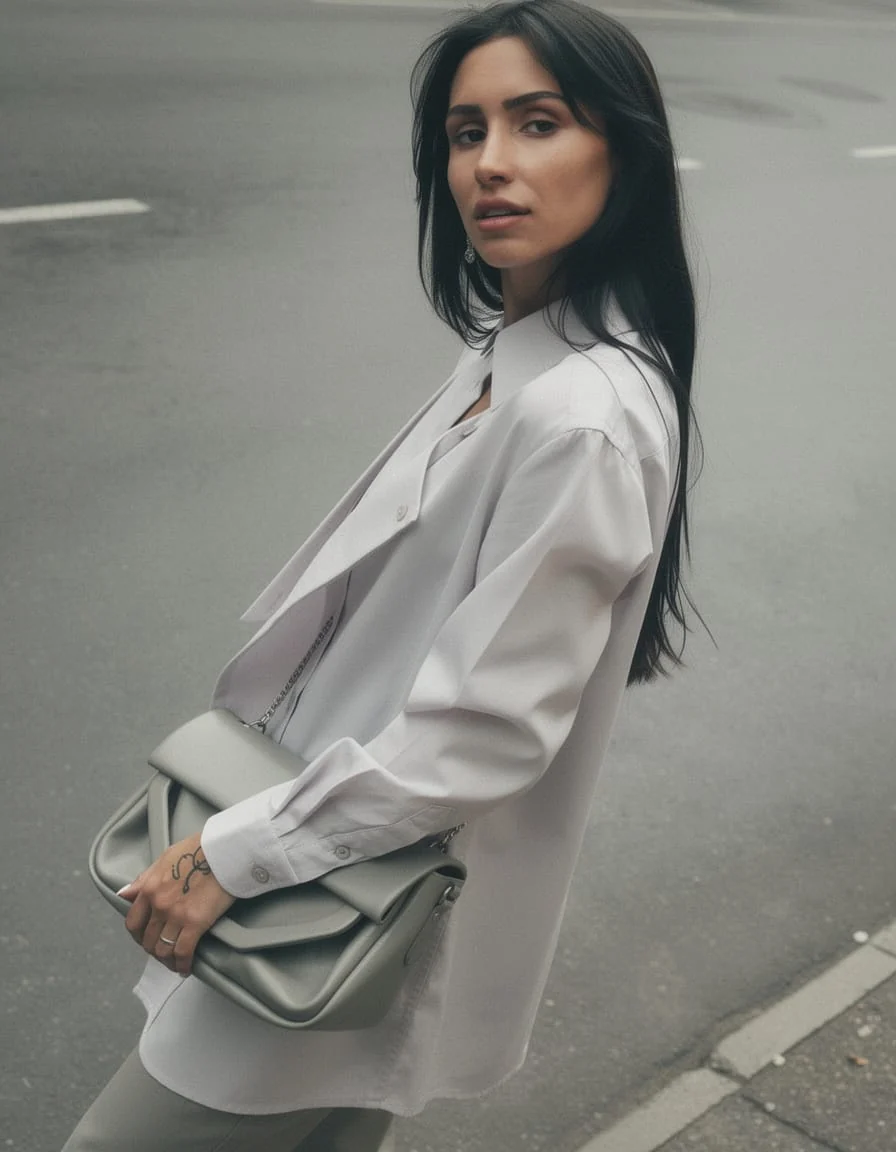 Editorial de modă cu cămașă albă oversized și geantă gri sculpturală, fotografiat pe stradă.