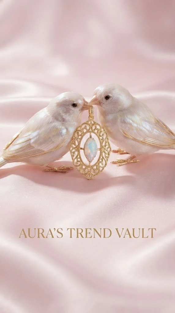 Vizual de campanie Aura’s Trend Vault cu păsări albe și pandantiv cu opal pe satin roz.