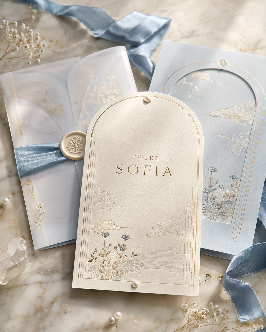Concept editorial de invitație de botez Sofia, în ivoire și albastru mineral, cu detalii aurii.