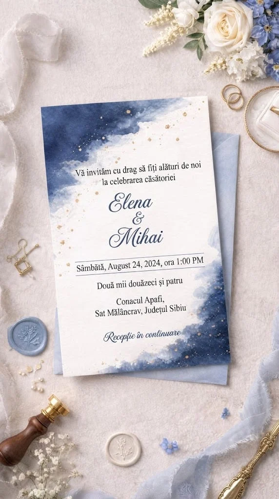 Invitație de nuntă Elena și Mihai, cu acuarelă albastră, accente aurii și decor floral delicat.
