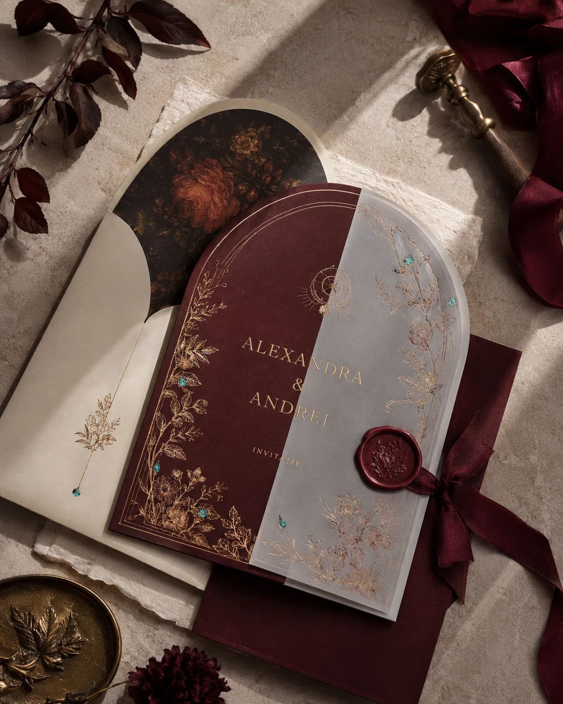 Concept editorial de invitație de nuntă Alexandra și Andrei, burgundy și auriu, cu vellum translucid.