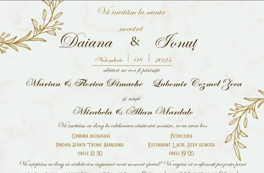 Invitație de nuntă Daiana și Ionuț, cu fundal de marmură ivoire, caligrafie și ornamente aurii.