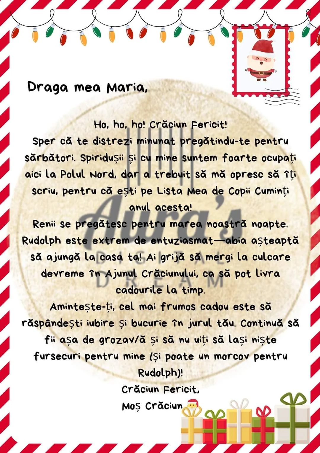 Scrisoare personalizată de Crăciun pentru Maria, cu chenar candy cane și ilustrații festive.