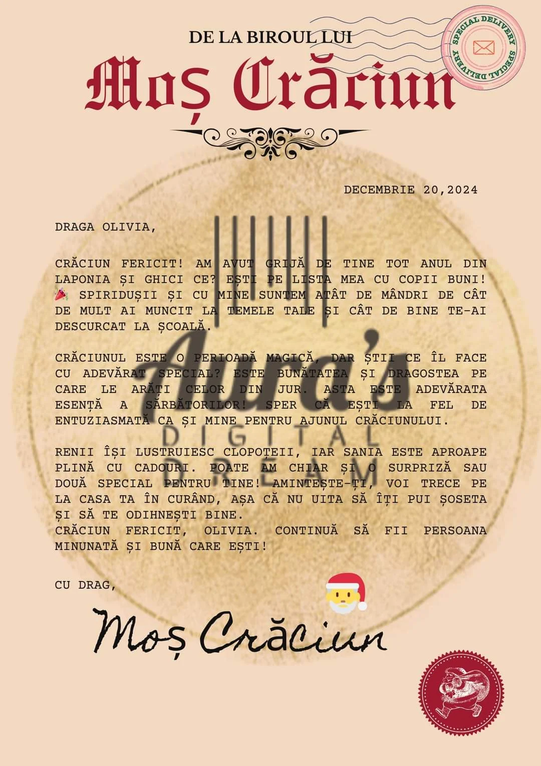 Scrisoare personalizată de la Moș Crăciun pentru Olivia, cu identitate vintage burgundy.