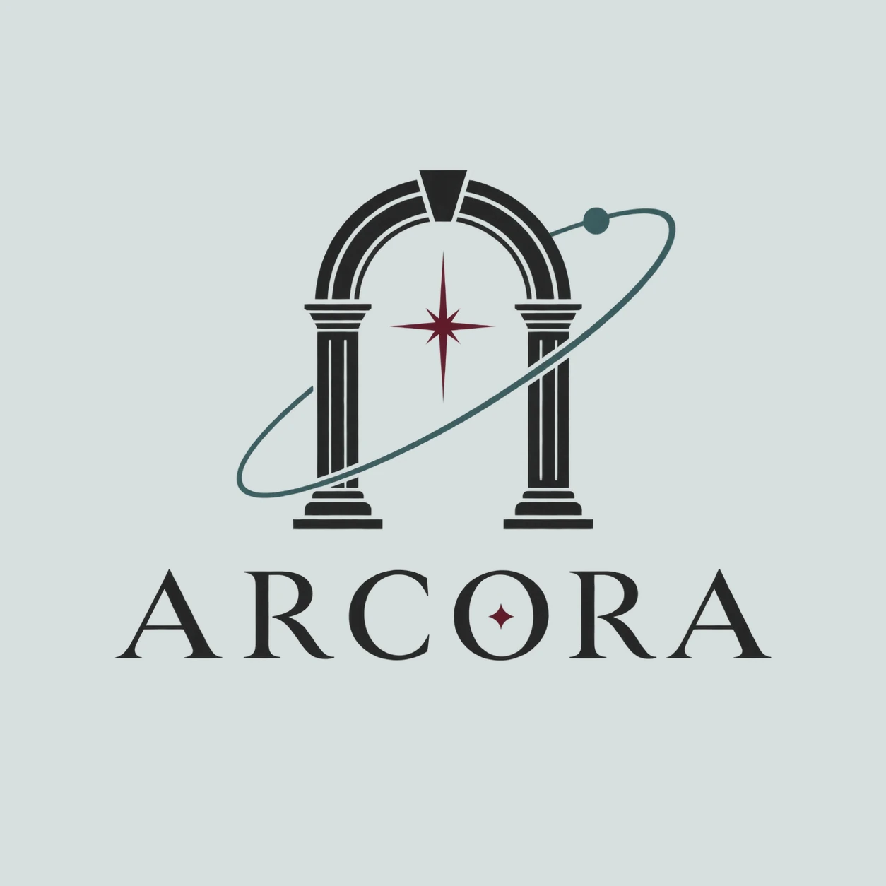 Concept original Arcora, cu arcadă clasică, orbită mineral-teal și accent burgundy.
