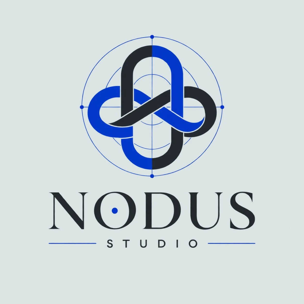 Concept original Nodus Studio, cu simbol geometric continuu în albastru royal și charcoal.