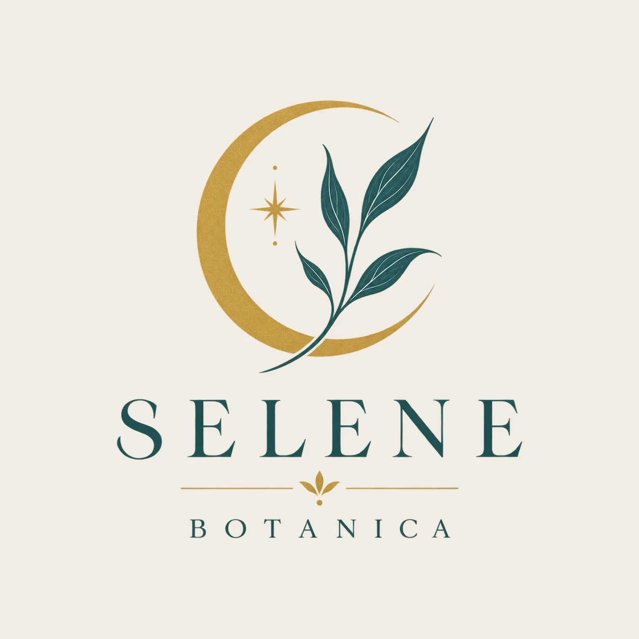 Concept original Selene Botanica, cu semilună aurie și ramură botanică verde petrol.