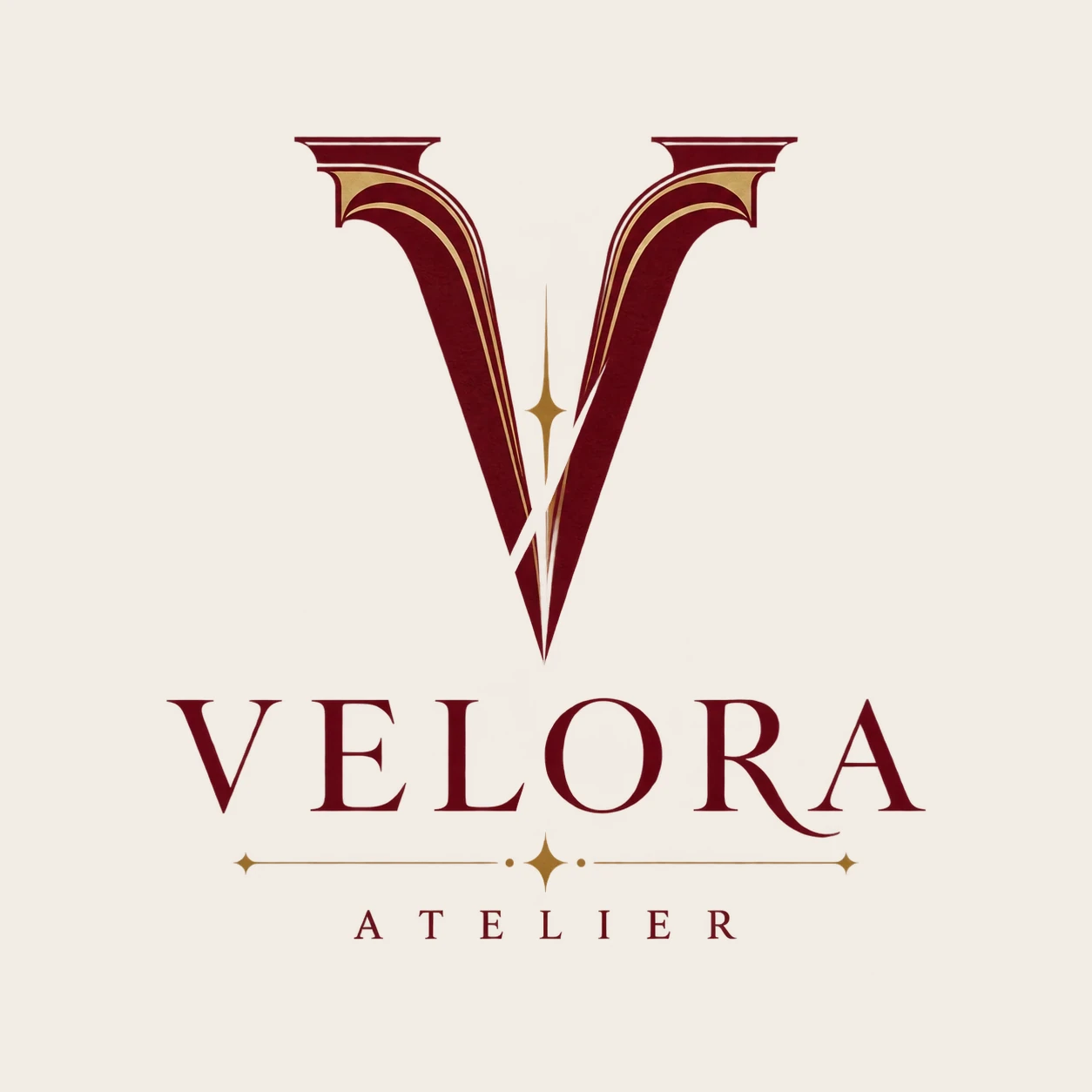 Concept original Velora Atelier, cu monogramă burgundy inspirată de arcade renascentiste și accente aurii.