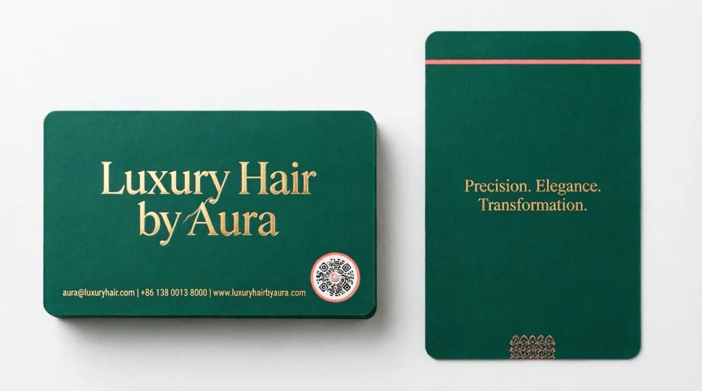 Logo Luxury Hair by Aura prezentat pe un sistem de cărți de vizită verde smarald.