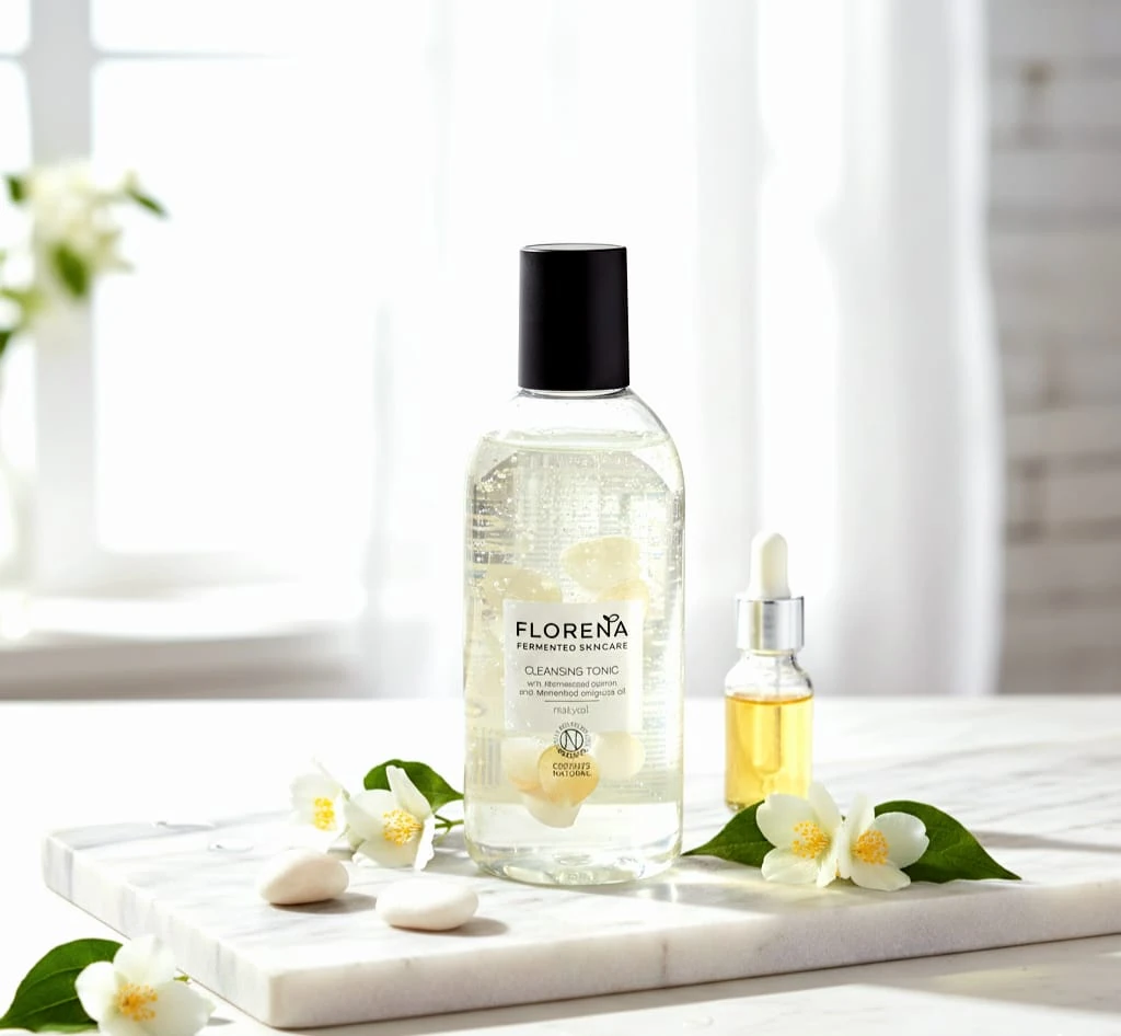 Tonic de curățare Florena și pipetă cu ulei, aranjate pe marmură albă cu flori delicate.