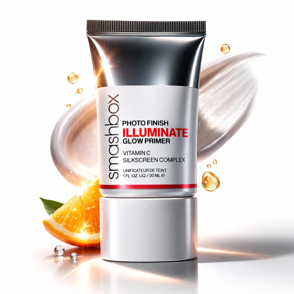 Primer Smashbox Photo Finish Illuminate alături de felie de portocală și textură luminoasă de produs.