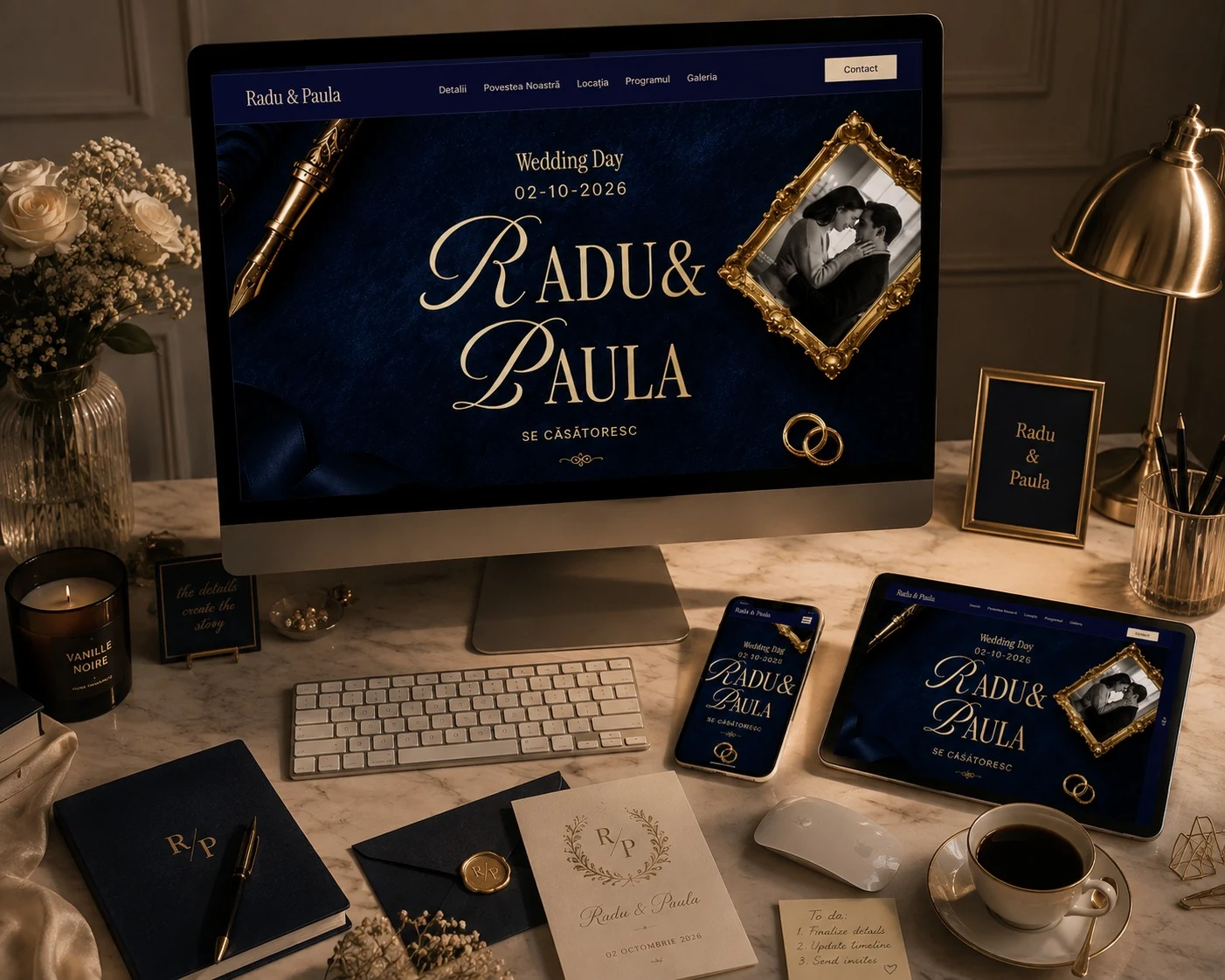 Invitația digitală Radu și Paula prezentată responsive pe desktop, tabletă și telefon, alături de papetărie personalizată.